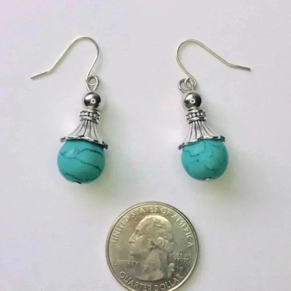 Silver & Tibetan Turquoise Marble Drop Earrings NWT - Picture 1 of 1